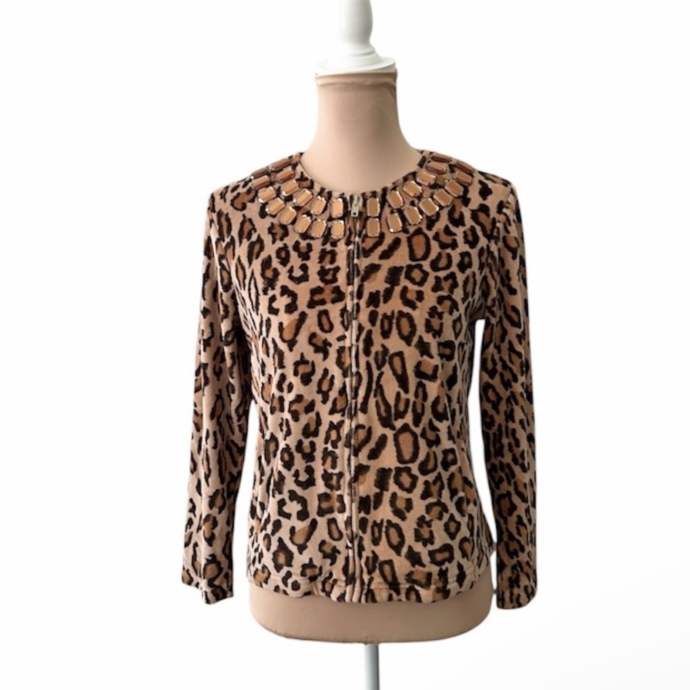 Petite Leopard Print Cardigan with Embellished Neckline